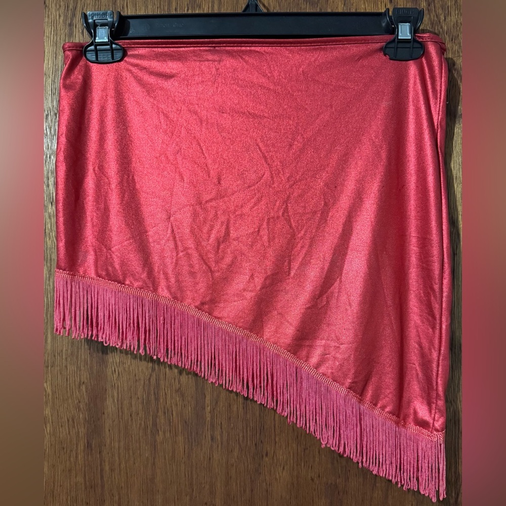 Asymmetrical Red Metallic Miniskirt with Fringe ~ Size Medium